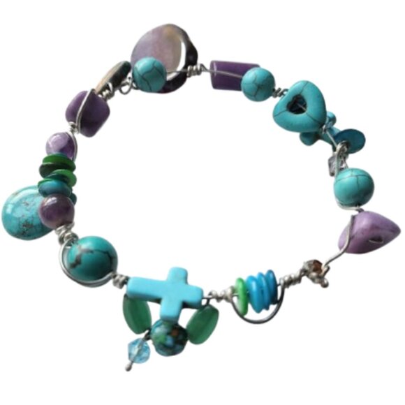 Hand-Crafted Wire Wrapped Purple & Turquoise Gemstone Bangle Cross Bracelet - Picture 2 of 10